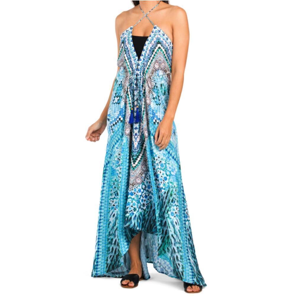 NWT La Moda Boho Bead Embellished Watercolor Hi-low Beach Cover-up Maxi Dress - Picture 2 of 9